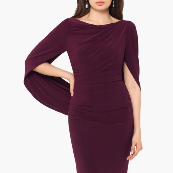 NEW Betsy & Adam BURGUNDY Cape Long Sleeve RUCHED Trumpet EVENING GOWN 10 - Picture 3 of 12